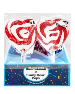 Lollipops – Red And White Swirly Heart Pops 85g – 24 Per Box