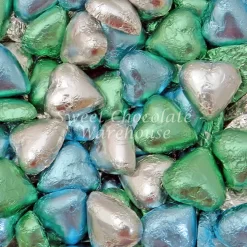 Milk Chocolate Hearts –Light Green, Light Blue And Silver 1kg– 115pieces – Made In Australia
